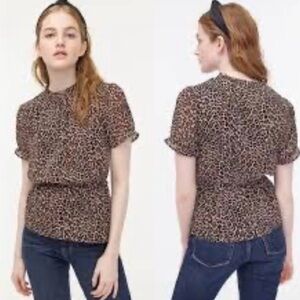 J. Crew Leopard Print Blouse Ruffled Neckline Peplum Size Medium